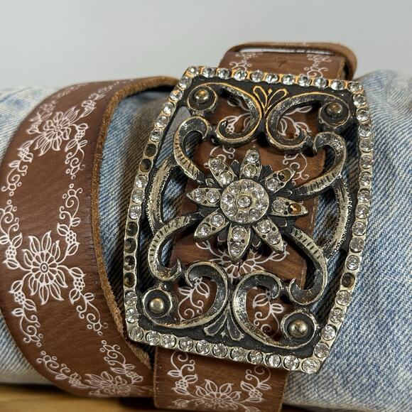 Vintage Western Leather Rhinestone Cowgirl Boho Belt - Silver, Black Wms S - Picture 2 of 10